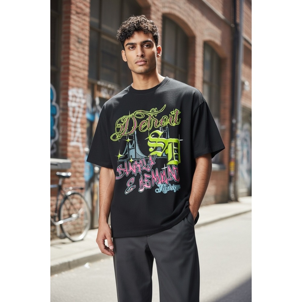 360 Supply & Demand Detroit Graphic Tee Black Neon Streetwear Shirt Mens S